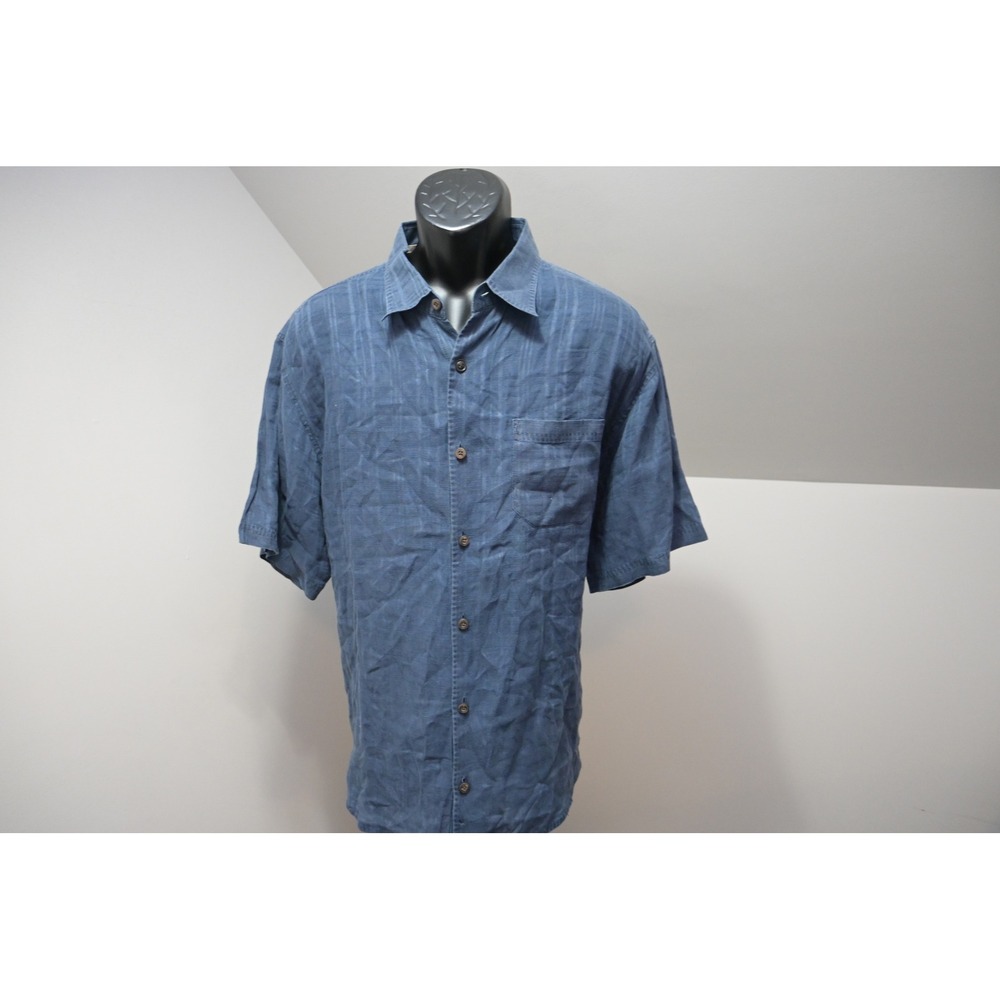 Tommy Bahama Hawaiian Shirt Men XL Blue 100% Linen Short Sleeve Stripe Excellent